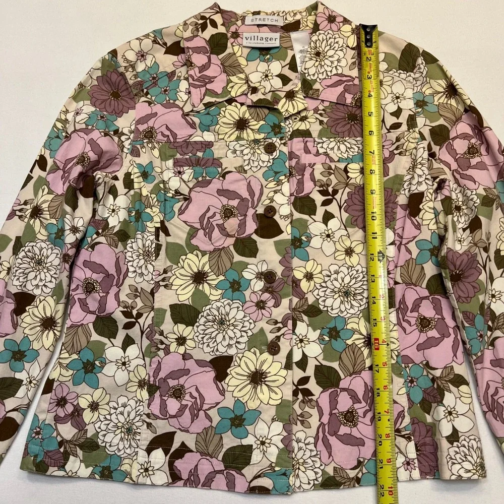 Villager Liz Claiborne‎ Purple Teal Floral Cotton Stretch Skirt Set Size 12